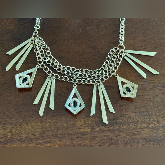 Layered Gold Chain Necklace with Pendants & Bar Dangles - Picture 4 of 4